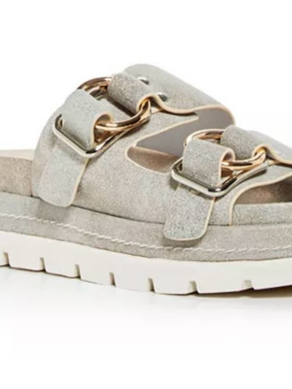 J Slides Light metallic Double Buckle Slide Sandal with Gold Accents